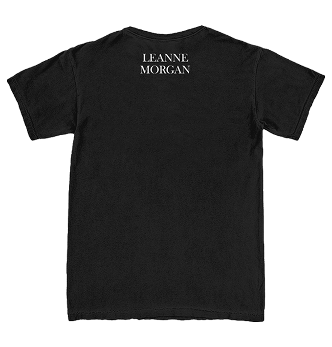 Back of a black tee with Leanne Morgan text in white