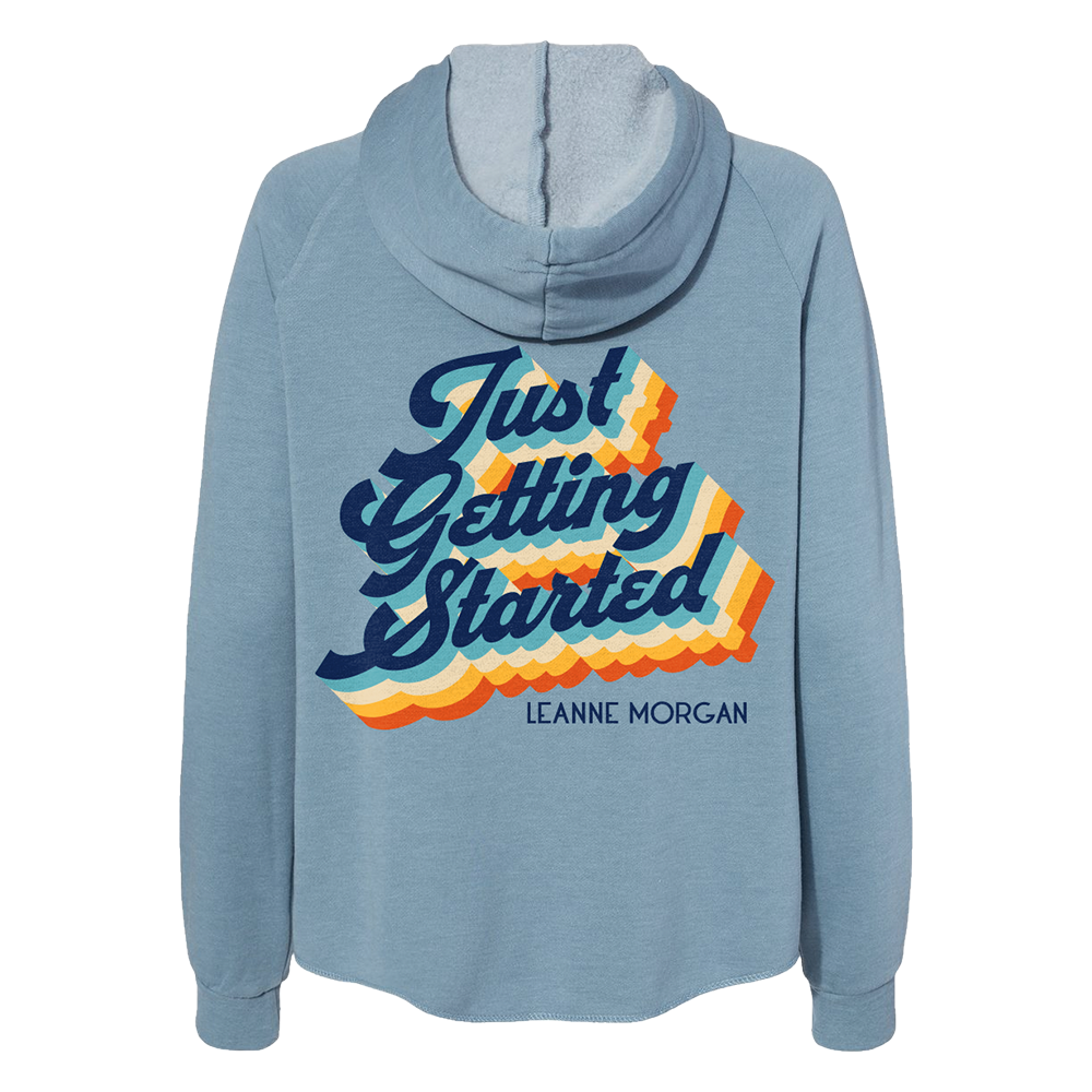 Blue Zip Up Hoodie back graphic 'Just getting started Leanne Morgan' in colorful text