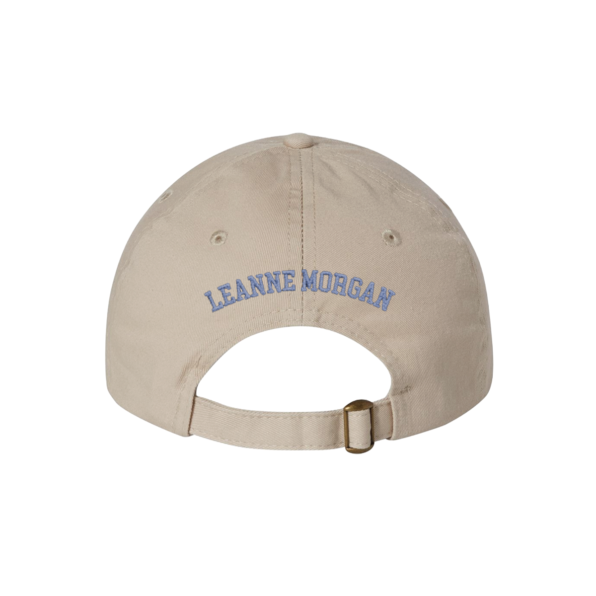 Leanne Morgan embroidered in blue on a beige baseball cap