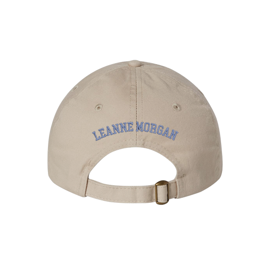 Leanne Morgan embroidered in blue on a beige baseball cap