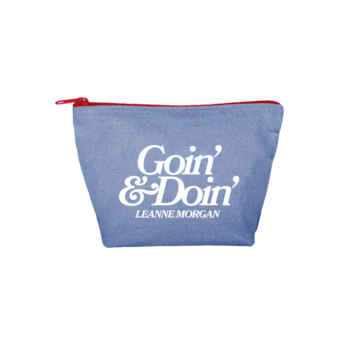 A blue canvas zippered pouch with a red zipper and a white printed logo reading 'Goin' & Doin' Leanne Morgan' on the front